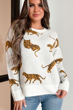 74% ACRYLIC, 22% POLYESTER, 4% SPANDEX Model Wearing Size Small Color: Ivory Sweater Knit Tiger Pattern Crewneck Long Sleeve Relaxed Fit Sweater Has Stretch 19" Armpit To Sleeve End 15" Armpit To Hemline For Model Size Specs Please Check Size Charts Launched: 11/14/23 Tiger Sweater, Christmas Fits, Tiger Pattern, Ivory Sweater, Flying Monkey Jeans, Print Sweater, Juniors Jeans, Large Dress, Outfit Combinations