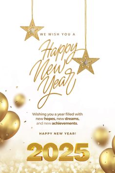 a happy new year card with gold balloons and stars