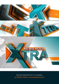 an advertisement for the news hour with orange and blue shapes