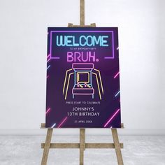 a welcome sign with neon lights on it for a brunch party or birthday