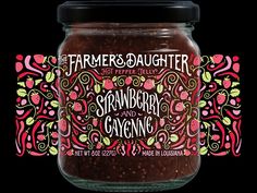 a jar of strawberry and cranberry sauce on a black background with the label for farmer's daughter