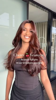 Laura Kim | 🍒🍒 cherry brunette You will enjoy this richest & shiniest brunette If you have try this colour this is the sign to make an appointment … | Instagram Auburn Black Balayage, Different Colored Hair Ideas, Cherry Burnett, Brunette Cherry Hair, Cherry Chocolate Hair On Brown Skin, Hair Colour Ideas Brunette, Cherry Brunette Balayage, Cherry Brown Hair On Brown Skin, Cherry Chocolate Hair Color Brunettes