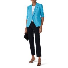 Blue linen (59% Linen, 38% Viscose, 3% Elastane). Blazer. Long sleeves. Exposed front button closure. 26" from shoulder to hemline. Imported. Summer Workwear Blazer With Button Cuffs, Summer Blazer With Button Cuffs For Workwear, Summer Blue Blazer For Workwear, Summer Office Blazer With Buttons, Blue Linen Blazer For Spring, Blue Summer Blazer For Business Casual, Fitted Linen Blazer With Button Cuffs, Blue Linen Blazer For Workwear, Summer Office Blazer With Button Closure