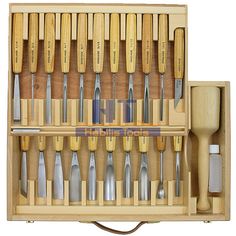 a wooden box filled with lots of tools