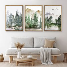 three paintings hanging on the wall above a couch in a room with wood flooring