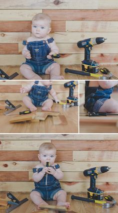 a baby sitting on the floor holding a drill and screwdriver in his hands