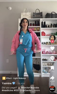 a woman standing in front of a closet full of shoes