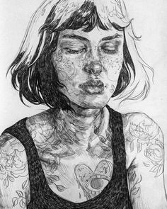 a drawing of a woman's face with tattoos on her arm and chest, looking down