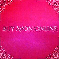 the words buy avon online are in white letters on a red and pink background