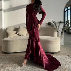 Custom Made Mermaid Evening Gown. Beautiful Burgundy Color And Silk Train. Burgundy Gown Long Sleeve, Long Sleeve Ruffled Gown For Gala, Red Mermaid Hem Gown For Formal Occasions, Elegant Full-length Gown With Ruffles, Red Fishtail Evening Dress, Elegant Red Floor-length Mermaid Dress, Fitted Burgundy Evening Dress, Elegant Red Fishtail Gown, Red Ruffled Gown For Banquet