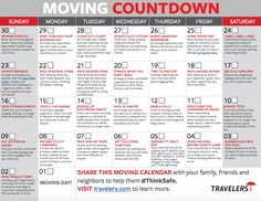 a moving calendar with the words moving countdown written in red and white on top of it