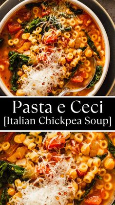 pasta e ceci with italian chicken soup in a bowl