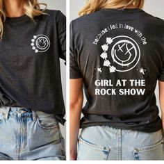 Don't we all want to be The Girl At The Rock Show?! Show your love for Blink 182 in this high quality tee - Bella & Canvas brand shirts are super soft cotton with a classic, comfortable fit, tear-away label, and sustainable manufacturing. Fits like a well loved favorite and washes well with no fading.  Front & Back designs. The back featuring lyrics "because I fell in love with the girl at the rock show" and a large smiley face logo, and the front with a small smiley face on the left side. Unise Y2k Graffiti Print Tops For Concert, Edgy Slogan T-shirt For Concert, Grunge Slogan T-shirt For Concert, Punk Style Tops With Text Print For Concert, Punk Tops With Slogans For Alternative Fashion, Edgy Graphic Tops For Concert, Edgy Graphic Design Tops For Concert, Rock Style Graphic Tops For Concert, Y2k Relaxed Fit Top For Concert