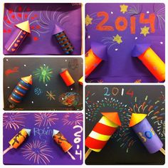 four different pictures of fireworks and paper on a purple surface with the year 2014 written in it