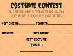 a halloween costume contest certificate with an orange background and black lettering on it, which reads'best costume overall '