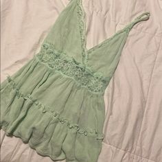 Never Worn In Perfect Condition Mint Color Very Pretty Spring Spaghetti Strap Tops For Day Out, Spaghetti Strap Tops For Spring Day Out, Trendy Spring Camisole With Ruffles, Casual Spring Tank Top For Night Out, Casual Tank Top For Night Out In Spring, Summer Crop Top For Night Out, Spring Trendy Lace Top Camisole, Trendy Spring Lace Top Camisole, Trendy Lace Top Camisole For Spring