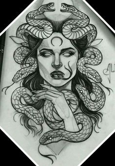 a drawing of a woman with snakes on her head and hands in front of her face