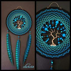 two pictures with blue beads in the shape of a tree and one is made out of wire