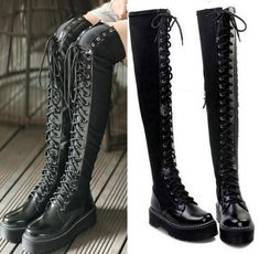 Chic Womens Gothic Punk Slouch Combat Boots Over Knee High Leather Lace Up Boots Gaun Abad Pertengahan, Gothic Mode, Converse Outfits, Knee Boots Outfit, Goth Shoes, Mode Shoes, Goth Boots, Mode Editorials, Style Converse