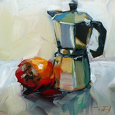 an oil painting of a coffee pot and fruit