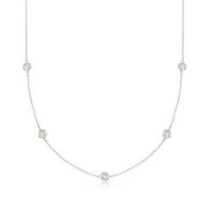 Ross-Simons - 1.00ct t.w. Bezel-Set Diamond Station Necklace in 14kt White Gold. 20". The classic look of a bezel-set diamond station necklace. Our must-have design is always in style -- any outfit, any occasion. Totaling 1.00 carat, five round brilliant-cut diamonds spark a 14kt white gold cable chain. This is the piece you've been seeking to complete your collection. Lobster clasp, diamond station necklace. Diamond birthstones are the perfect gift for April birthdays. Classic Formal Station Necklace, Classic Station Necklace For Formal Occasions, Classic Round Diamond Station Necklace, Formal Diamond Station Necklace With Bezel Setting, Anniversary White Gold Station Necklace With Bezel Setting, Classic Formal Station Necklace With Bezel Setting, Classic Diamond Station Necklace, Classic Cubic Zirconia Station Necklace For Anniversary, Classic Diamond White Station Necklace With Diamond Accents