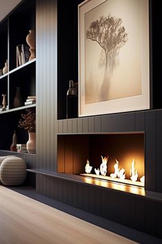 a living room filled with furniture and a fire place in the middle of it's wall