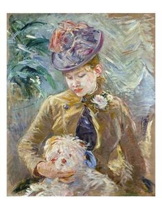 a painting of a woman holding a sheep in her lap and wearing a hat with flowers on it