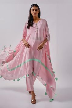 Pink asymmetric kaftan with tasselled embellishments and attached inner bustier. Comes with pant. - Aza Fashions Bohemian Palazzo Set With Tassels And Traditional Drape, Spring Bohemian Sets With Tassels, Spring Festive Kaftan With Tassels, Summer Festive Palazzo Set With Tassels, Summer Palazzo Set With Tassels, Diana Penty, Pant Women, Pant For Women, Lotus Design