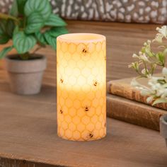 a lit candle sitting on top of a wooden table next to potted plants and books