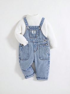 Baby Boy Soft Cute Patch Loose Fit Denim Bib Overalls Jumpsuit,Casual And Versatile For Baby Boys Fall Clothes Medium Wash   Sleeveless Denim Letter,Plain Jumpsuit Non-Stretch  Baby Boys Clothing, size features are:Bust: ,Length: ,Sleeve Length: Baby Boy Outfit Ideas, Baby Outfits Boy, Boys Church Outfit, Boys Fall Clothes, Toddler Boy Overalls, Newborn Baby Outfits, Little Boy Clothes, Boy Baby Clothes