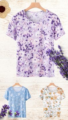 Cotton Floral Pattern T-Shirts for Women Casual Home Outfits. Soft & Breathable, You will Love Great Lower Price with High Quality Cotton Tee. Spring Purple Printed T-shirt, Lavender Relaxed Fit T-shirt For Spring, Lavender Graphic Print Tops For Summer, Summer Lavender Tops With Graphic Print, Lavender Tops With Graphic Print For Summer, Lavender Short Sleeve T-shirt For Summer, Purple Floral Print Crew Neck Top, Relaxed Fit Purple Tops With Floral Print, Lavender Floral Print Cotton Top