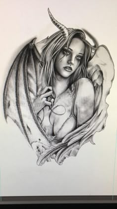 Angel With Horns Fantasy Art, Drawing Ideas Woman, Succubus Sketch, Angel Demon Tattoo, Succubus Tattoo, Devil Tattoo, Angel Tattoo Designs