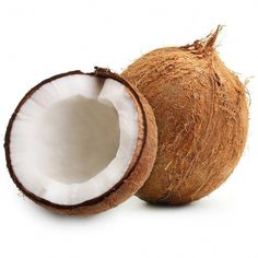 a whole coconut next to it's cut in half