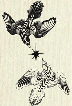 two birds flying next to each other on top of a white sheet with black ink