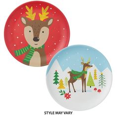 two plates decorated with deers and trees