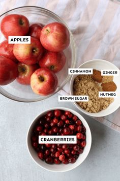 apples, cranberries, cinnamon, ginger and sugar in bowls