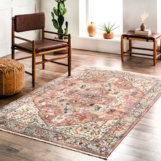 a living room area with a rug, chair and potted plant