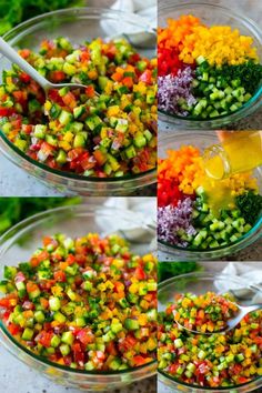 four pictures show different types of vegetables being mixed together in a bowl with spoons