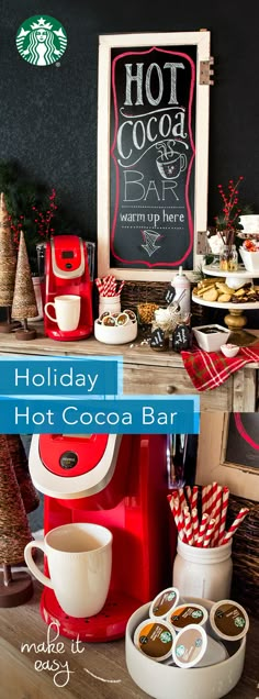 holiday hot cocoa bar with coffee cups on the counter and chalkboard sign in background