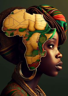 a woman with an african map on her head and hair in the shape of africa