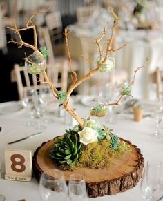 the table is set with white flowers and succulents on top of a tree stump