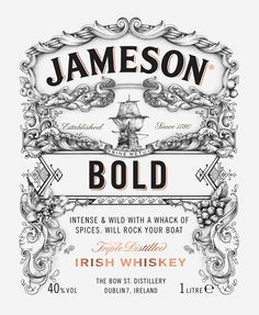 a label for jameson's bold with an image of a ship in the background