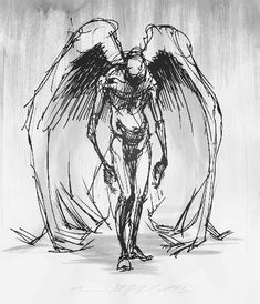 a drawing of an angel standing next to another person