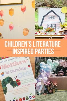 children's literature inspired birthday party with balloons, books and paper crafts on the table