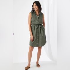 Nwot, 100% Linen, Olive, Button- Down Sleeveless Shirtdress Knee-length Sundress With Button Closure, Sleeveless Green Midi Dress With Button Closure, Knee-length Sleeveless Dress With Button Closure For Daywear, Sleeveless Shirt Dress For Spring Vacation, Sleeveless Dresses With Button Closure For Daywear, Sleeveless Cotton Dress With Button Closure, Sleeveless Buttoned Shirt Dress, Sleeveless Buttoned Shirt Dress For Daywear, Sleeveless Button-up Dress For Daywear