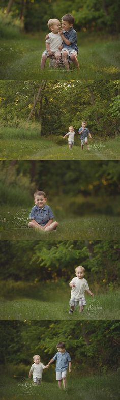 two children playing in the grass with their arms around each other and one child holding his hand