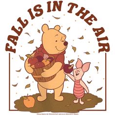 a winnie the pooh and piggy bear holding hands with each other in front of an autumn scene