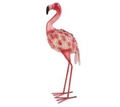 a pink flamingo standing on two legs with its head turned to the side and it's body facing forward