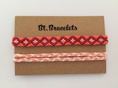 three braided bracelets on top of a card with the words bt braceets