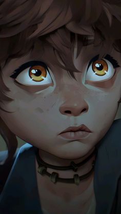 an animated image of a young boy with brown hair and yellow eyes looking at the camera